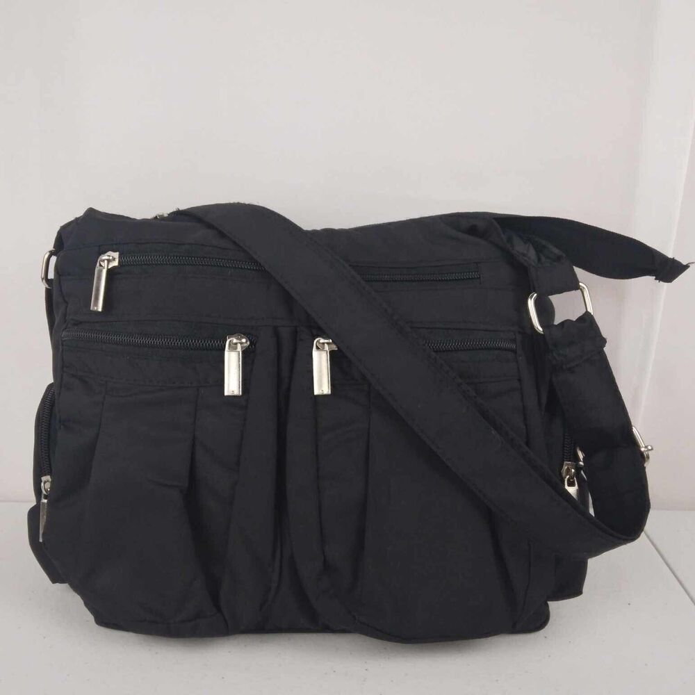 Gold Coast Crossbody Bag Black Silver Multi-Zip Pocket Nylon Travel Organizer